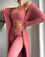 Załaduj obraz do przeglądarki galerii, 3pcs Womens Clothing  Fashion Solid Fluffy Plain Crop Top &amp; Skinny Pants &amp; Longline Coat Set Warm Cozy Suit Sets
