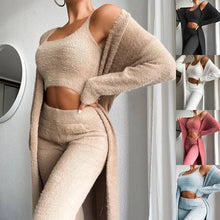 Załaduj obraz do przeglądarki galerii, 3pcs Womens Clothing  Fashion Solid Fluffy Plain Crop Top &amp; Skinny Pants &amp; Longline Coat Set Warm Cozy Suit Sets
