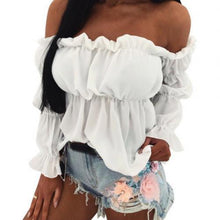 Załaduj obraz do przeglądarki galerii, New Women Blouse Solid Color Long Sleeve Lace Off Shoulder Ruffle Short Shirt Blouse Ladies Tops
