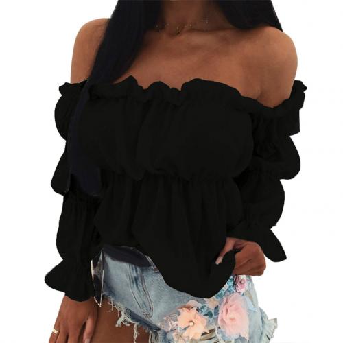 New Women Blouse Solid Color Long Sleeve Lace Off Shoulder Ruffle Short Shirt Blouse Ladies Tops