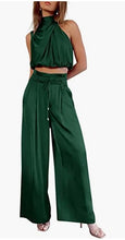 Załaduj obraz do przeglądarki galerii, New two-piece set women&#39;s silk pleated texture sleeveless top wide-leg pants suit summer matching suit
