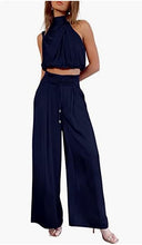 Załaduj obraz do przeglądarki galerii, New two-piece set women&#39;s silk pleated texture sleeveless top wide-leg pants suit summer matching suit
