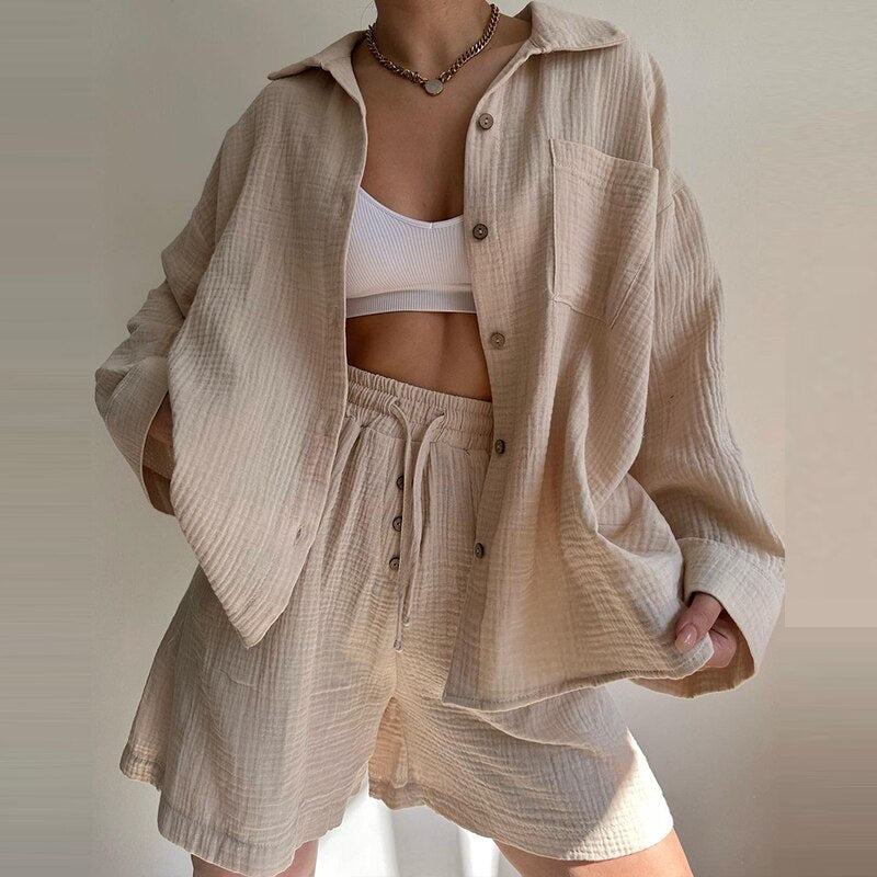 Casual Loose Cotton Linen Outfit Fashion High Street Women 2 Piece Set Fall Turn-down Collar Button Cardigan Shirt + Shorts Suit