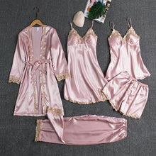 Załaduj obraz do przeglądarki galerii, New Women&#39;s Pajama Set Satin Silk Pajamas Set of 5 Pajamas Sexy Pajamas Camisole Lace Sleeping Casual Pajamas with Chest Pad Gift
