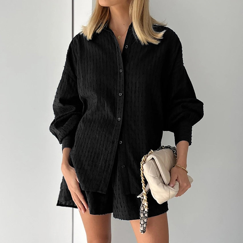 Women Two Piece Outfits 2023 Summer Fashion Jacquard Loose Shorts with Long Sleeved Shirt Two Piece Sets for Women Short Sets