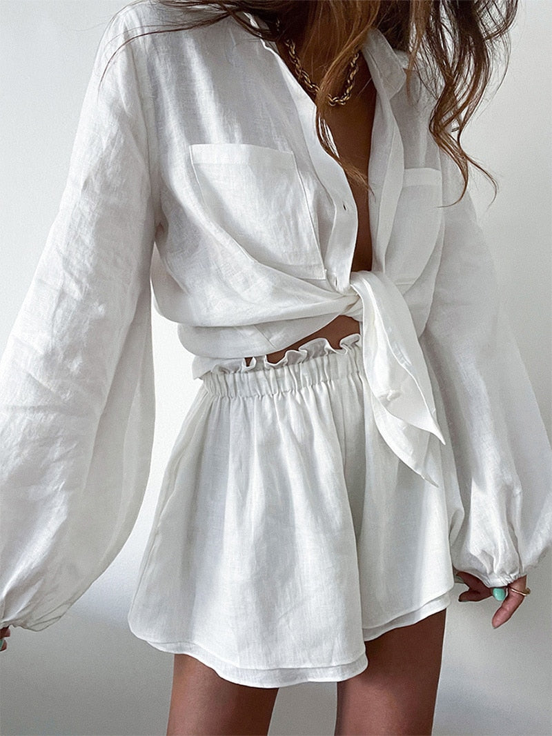 2023 Women Spring Summer Bohemian Shorts Sets Solid White Loose Fit Outfits Blouse Suit 2 Two Piece Set For Women