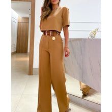 Załaduj obraz do przeglądarki galerii, Casual Women Half Sleeve Crop Top &amp; Wide Leg Pants Set Summer Femme Office Lady Solid Two Pieces Suit Set Outfits Women Suit
