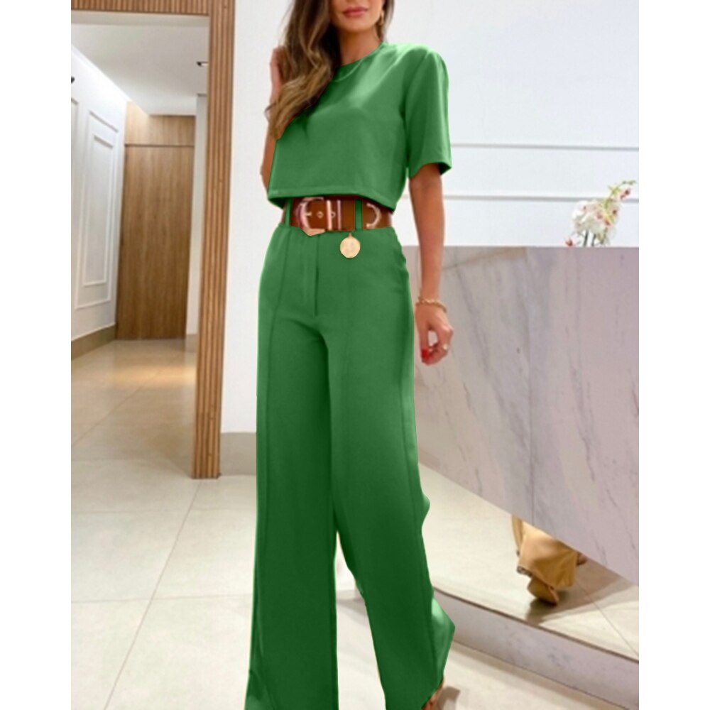 Casual Women Half Sleeve Crop Top & Wide Leg Pants Set Summer Femme Office Lady Solid Two Pieces Suit Set Outfits Women Suit